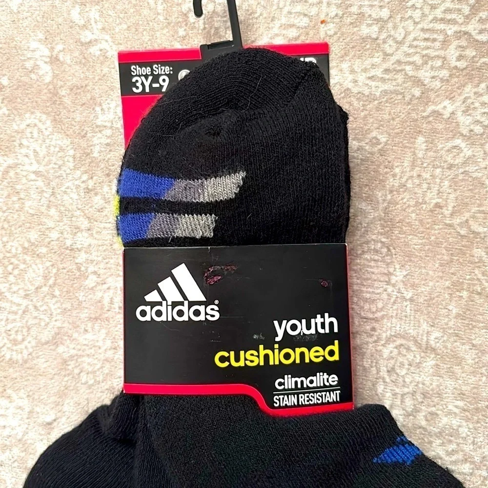 Brand New Adidas 3-Pack Youth Cushioned Climalite No Show Black Socks